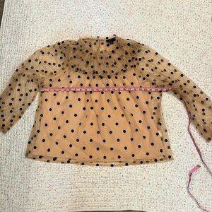 J.Crew womens blush pink blouse with sheer black polka dot overlay, size XL
